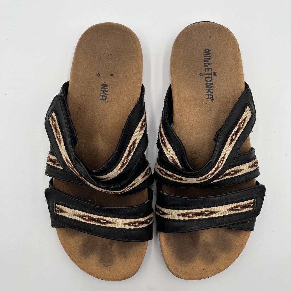 Minnetonka Women's Sandals Black Woven Aztec Strap Slip-On Slides Size 7 - Picture 5 of 7